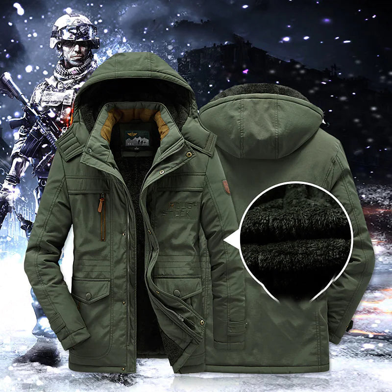 Men's insulated mid-length hooded parka in olive