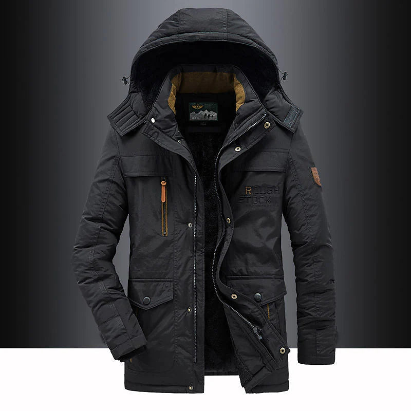 Men's insulated mid-length hooded parka in black — alternate view