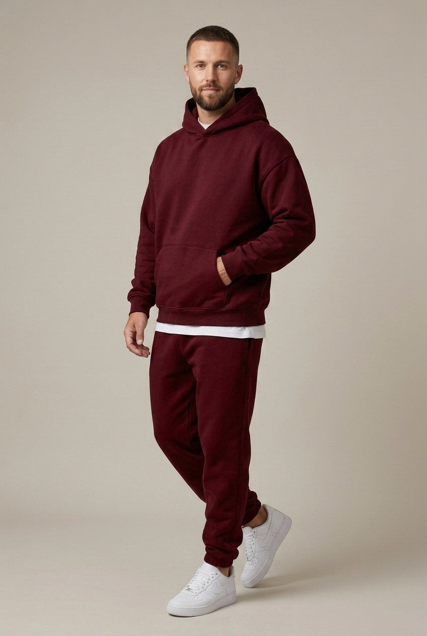 Men's two-piece oversized hoodie set in wine red — additional view