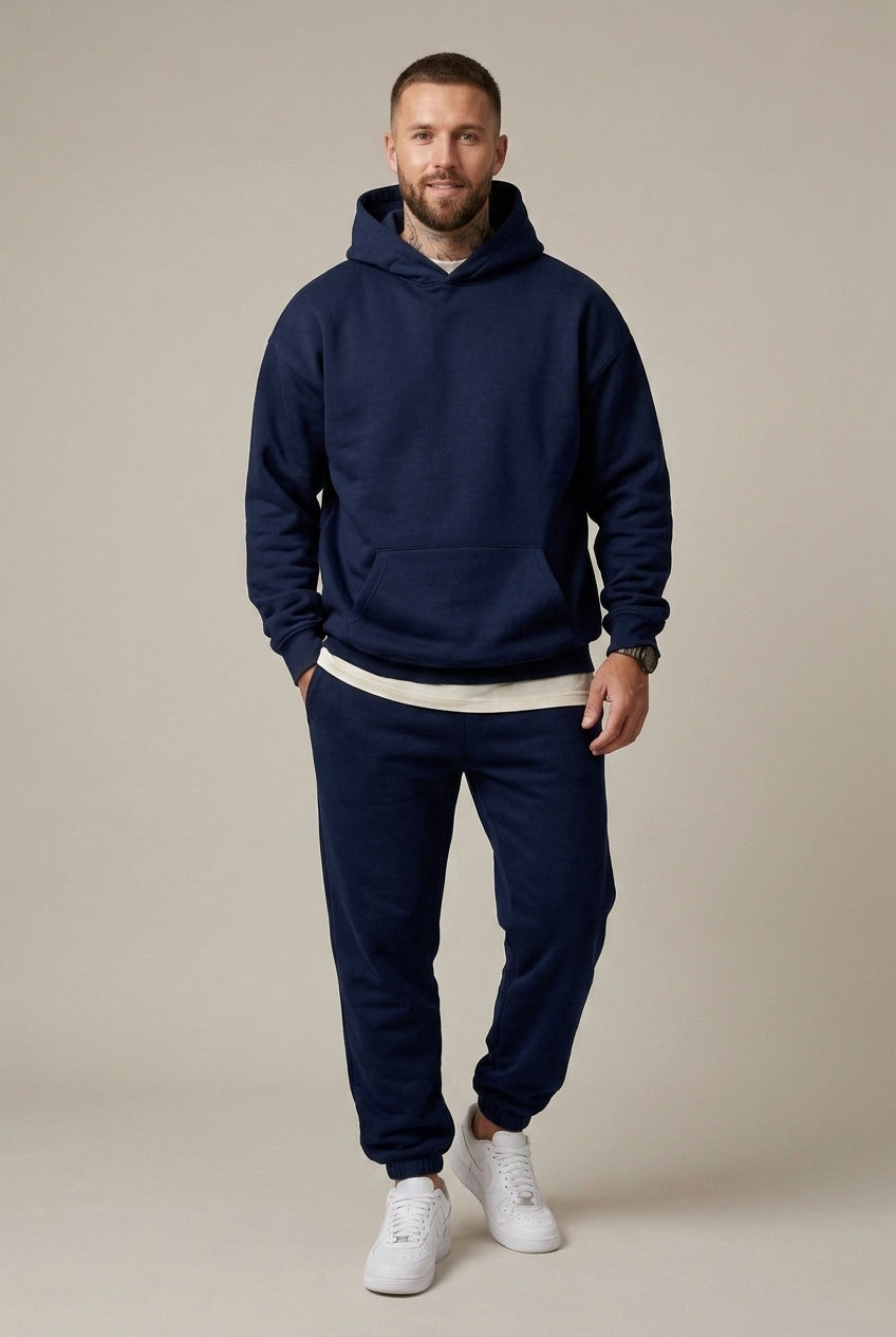 Men's two-piece oversized hoodie set in navy blue — additional view