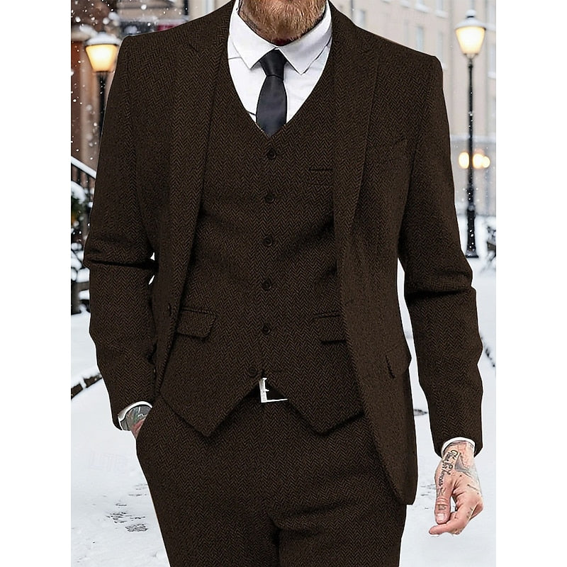 Men's three-piece knit set in coffee — detail view