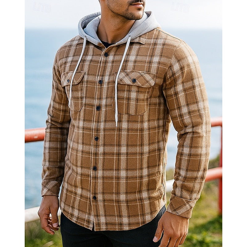 Men's checked hooded shacket in khaki — additional view