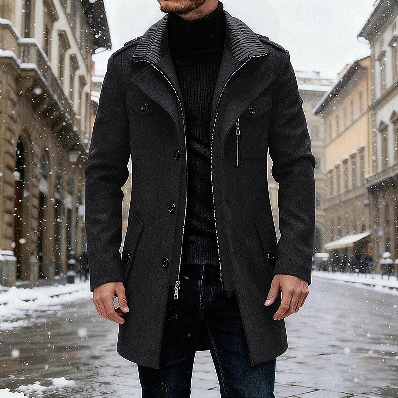 Men's refined tailored wool overcoat in black — alternate view