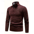 Men's stand-collar cable knit sweater in burgundy — detail view