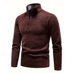 Men's stand-collar cable knit sweater in burgundy — detail view