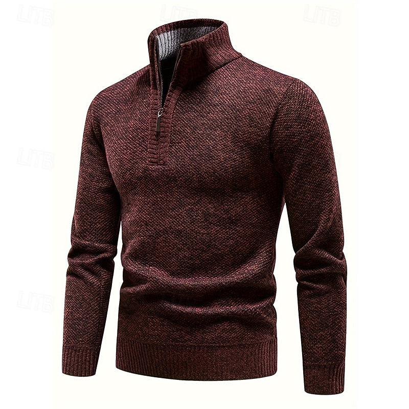 Men's stand-collar cable knit sweater in burgundy — detail view