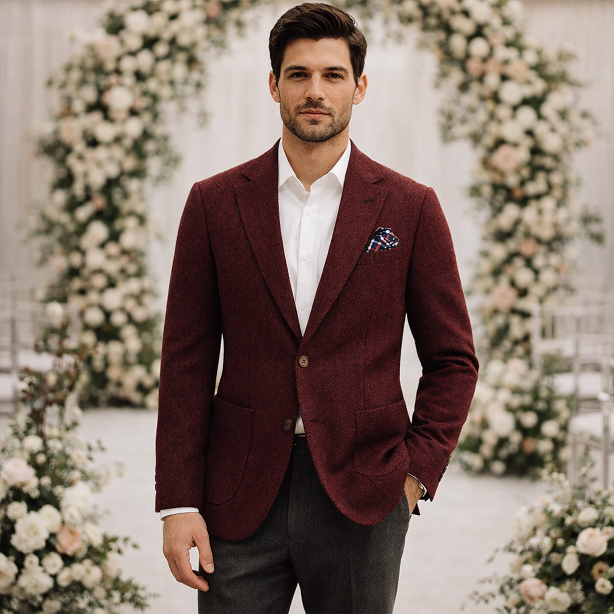 Men's single-breasted herringbone blazer in burgundy — additional view
