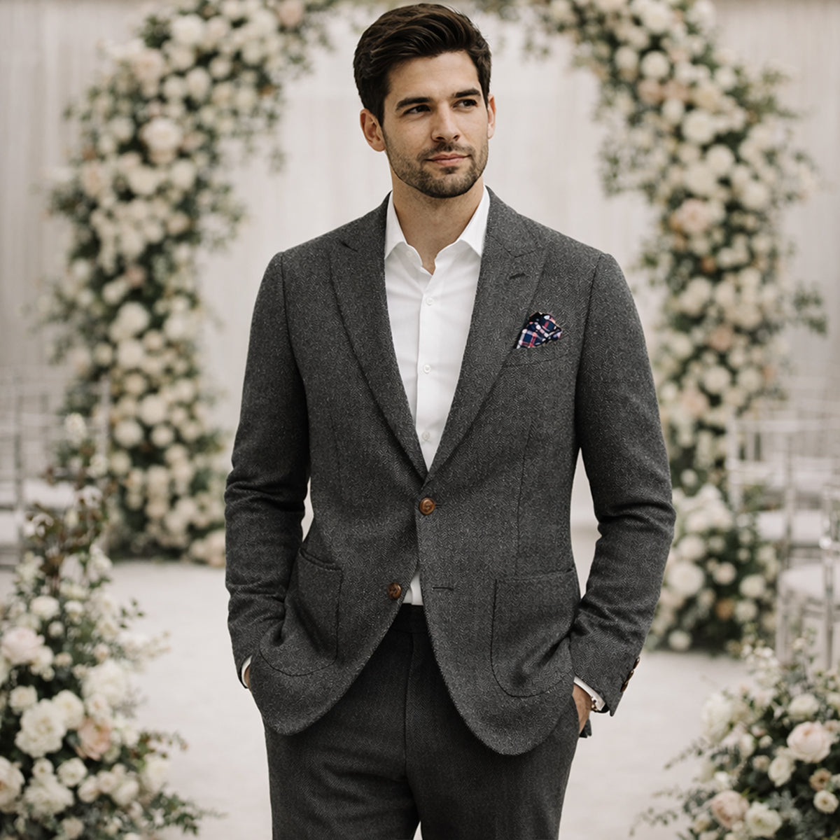 Men's single-breasted herringbone blazer in dark gray — additional view