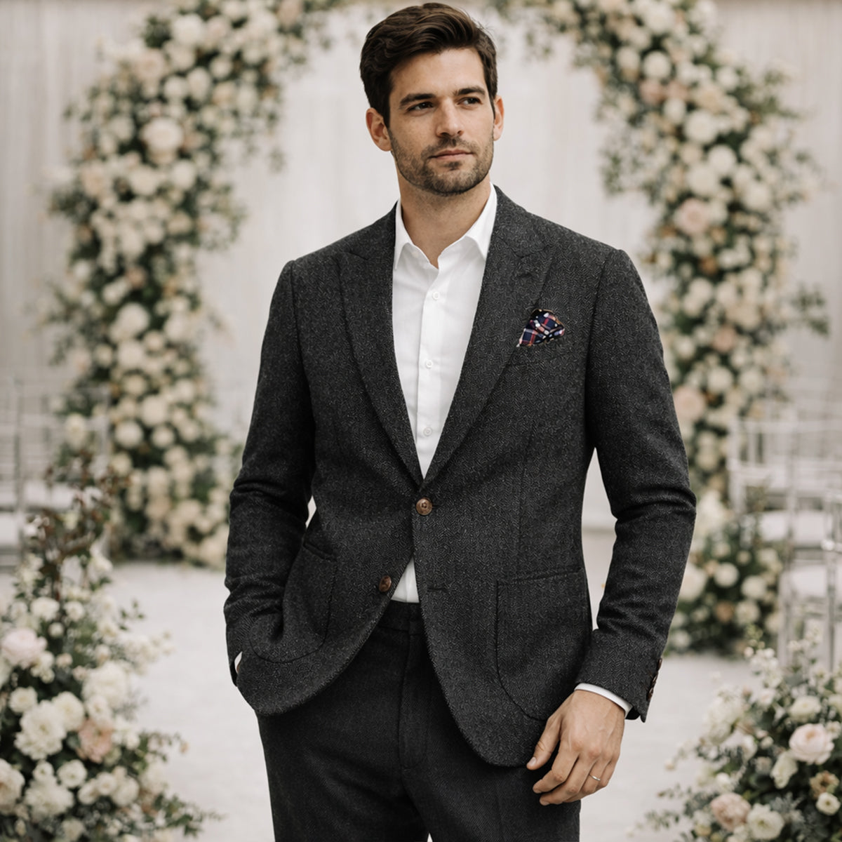 Men's single-breasted herringbone blazer in black — additional view