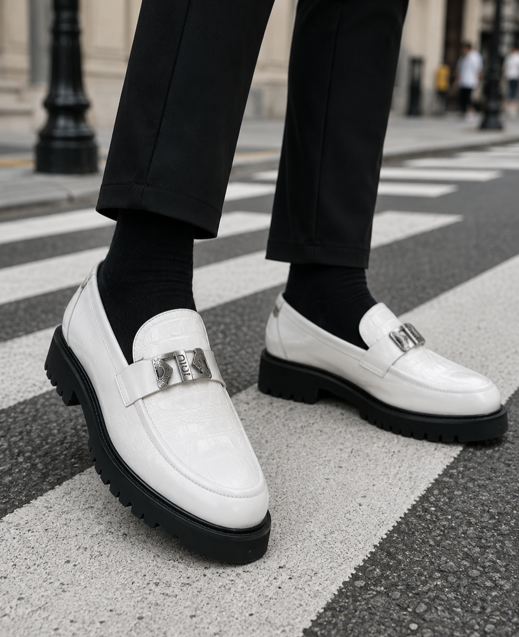 Men's metal buckle chunky loafers in white — detail view