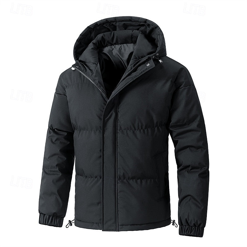 Men's thick insulated hooded puffer in black — detail view