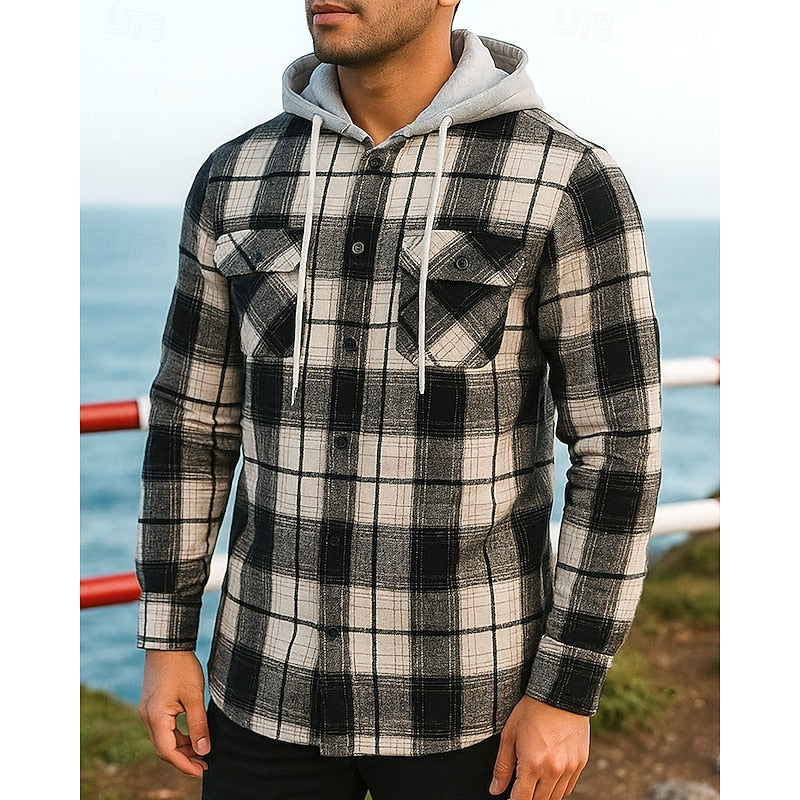 Men's checked hooded shacket — detail view