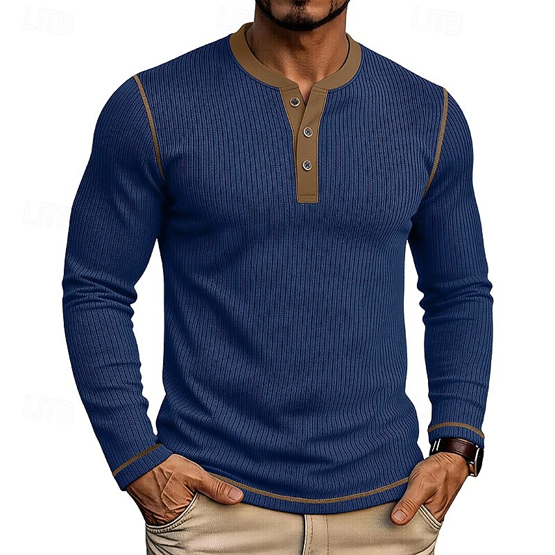 Men's ribbed long sleeve henley shirt in royal blue — additional view